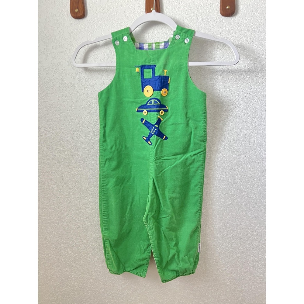 Vintage The Bailey Boys Overalls‎ Boys 2T Green Corduroy Plaid Lined Train Plane